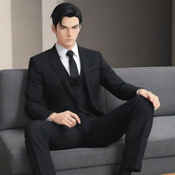 Anime style character depiction of a masculine figure, dressed in a sleek black suit, sitting relaxed on a couch.