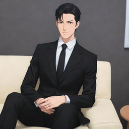 Anime style character depiction of a masculine figure, dressed in a sleek black suit, sitting relaxed on a couch.