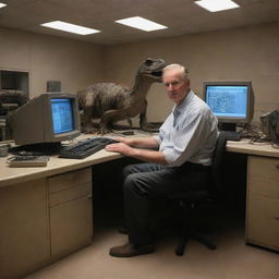 Illustrate Dr. Alan Grant, having escaped from the Spinosaurus, now sitting in the eerie quiet of the abandoned InGen lab, managing to boot up an old computer. His relief is tangible in the dim glow of aging technology.