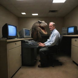 Illustrate Dr. Alan Grant, having escaped from the Spinosaurus, now sitting in the eerie quiet of the abandoned InGen lab, managing to boot up an old computer. His relief is tangible in the dim glow of aging technology.