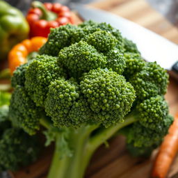 A vibrant and fresh bunch of broccoli, showcasing its green florets and thick stem, surrounded by a soft focus of a kitchen countertop