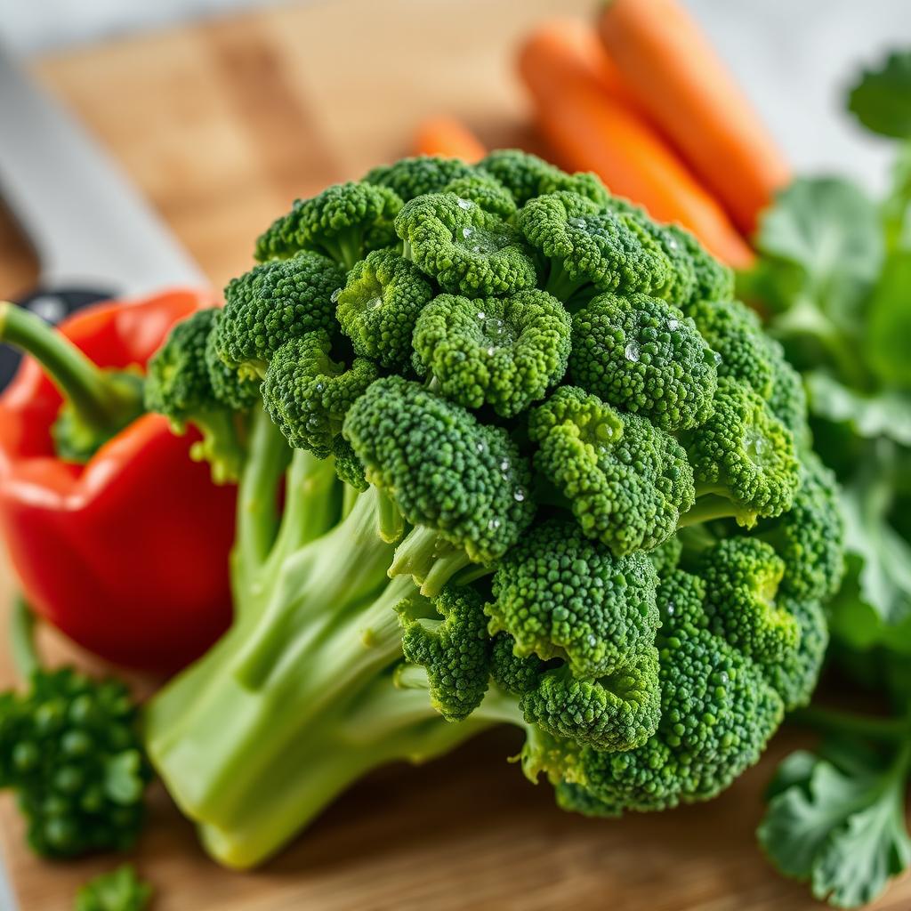 A vibrant and fresh bunch of broccoli, showcasing its green florets and thick stem, surrounded by a soft focus of a kitchen countertop