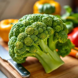 A vibrant and fresh bunch of broccoli, showcasing its green florets and thick stem, surrounded by a soft focus of a kitchen countertop