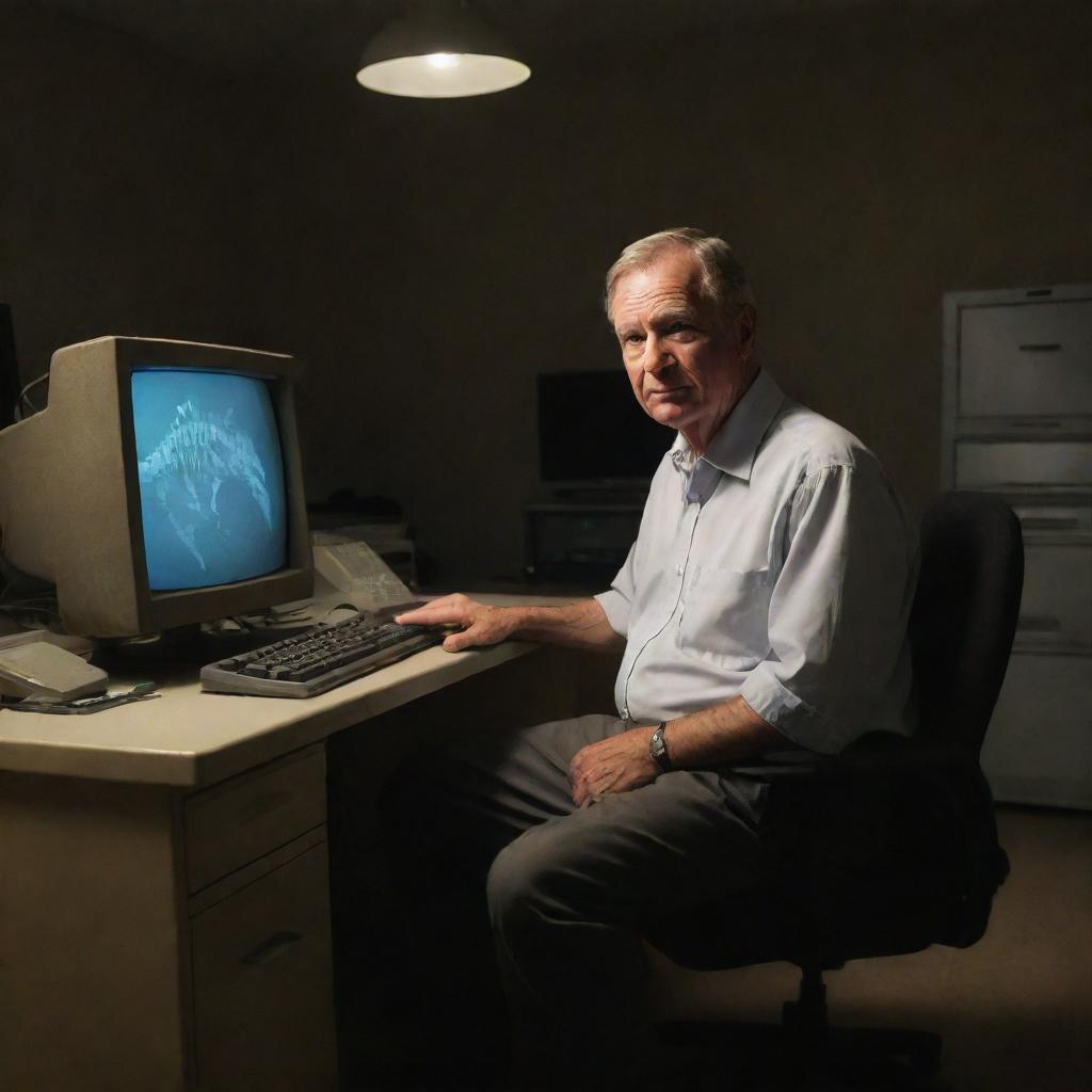 Illustrate Dr. Alan Grant, having escaped from the Spinosaurus, now sitting in the eerie quiet of the abandoned InGen lab, managing to boot up an old computer. His relief is tangible in the dim glow of aging technology.