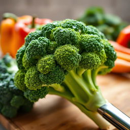 A vibrant and fresh bunch of broccoli, showcasing its green florets and thick stem, surrounded by a soft focus of a kitchen countertop