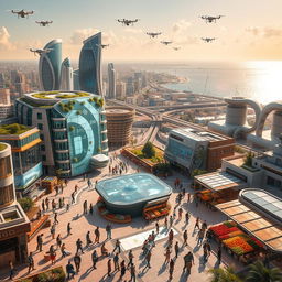 A futuristic cityscape of Gaza in the year 2050, showcasing advanced architecture and infrastructure