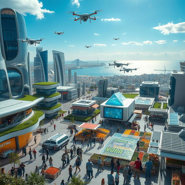 A futuristic cityscape of Gaza in the year 2050, showcasing advanced architecture and infrastructure