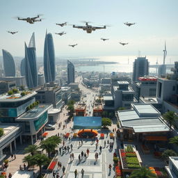 A futuristic cityscape of Gaza in the year 2050, showcasing advanced architecture and infrastructure