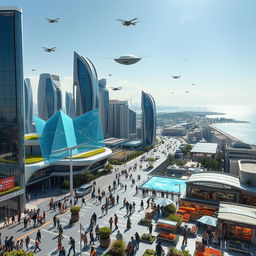 A futuristic cityscape of Gaza in the year 2050, showcasing advanced architecture and infrastructure