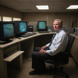 Illustrate Dr. Alan Grant, having escaped from the Spinosaurus, now sitting in the eerie quiet of the abandoned InGen lab, managing to boot up an old computer. His relief is tangible in the dim glow of aging technology.