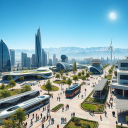 A futuristic vision of Karaj in the year 2050, featuring modern architecture and advanced technology integrated into everyday life