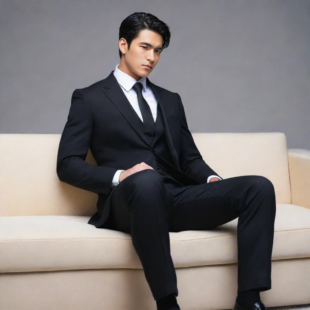 Create an anime illustrative representation of a large, masculine character sitting on a couch. He should be sporting a stylish black suit.