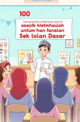 An illustration of an Indonesian Muslim elementary school student giving a speech in front of his classmates, showcasing a lively classroom atmosphere