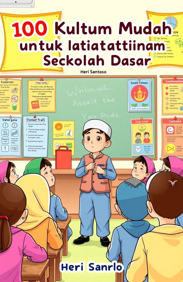 An illustration of an Indonesian Muslim elementary school student giving a speech in front of his classmates, showcasing a lively classroom atmosphere