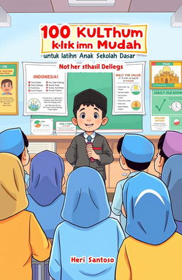 An illustration of an Indonesian Muslim elementary school student giving a speech in front of his classmates, showcasing a lively classroom atmosphere