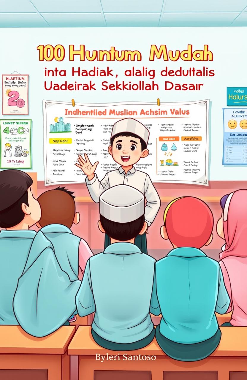 An illustration of an Indonesian Muslim elementary school student giving a speech in front of his classmates, showcasing a lively classroom atmosphere