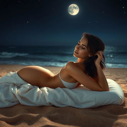 A serene and romantic scene featuring a petite brunette woman lying on a bed on a sandy beach under a glowing moonlight