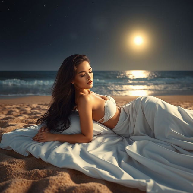 A serene and romantic scene featuring a petite brunette woman lying on a bed on a sandy beach under a glowing moonlight