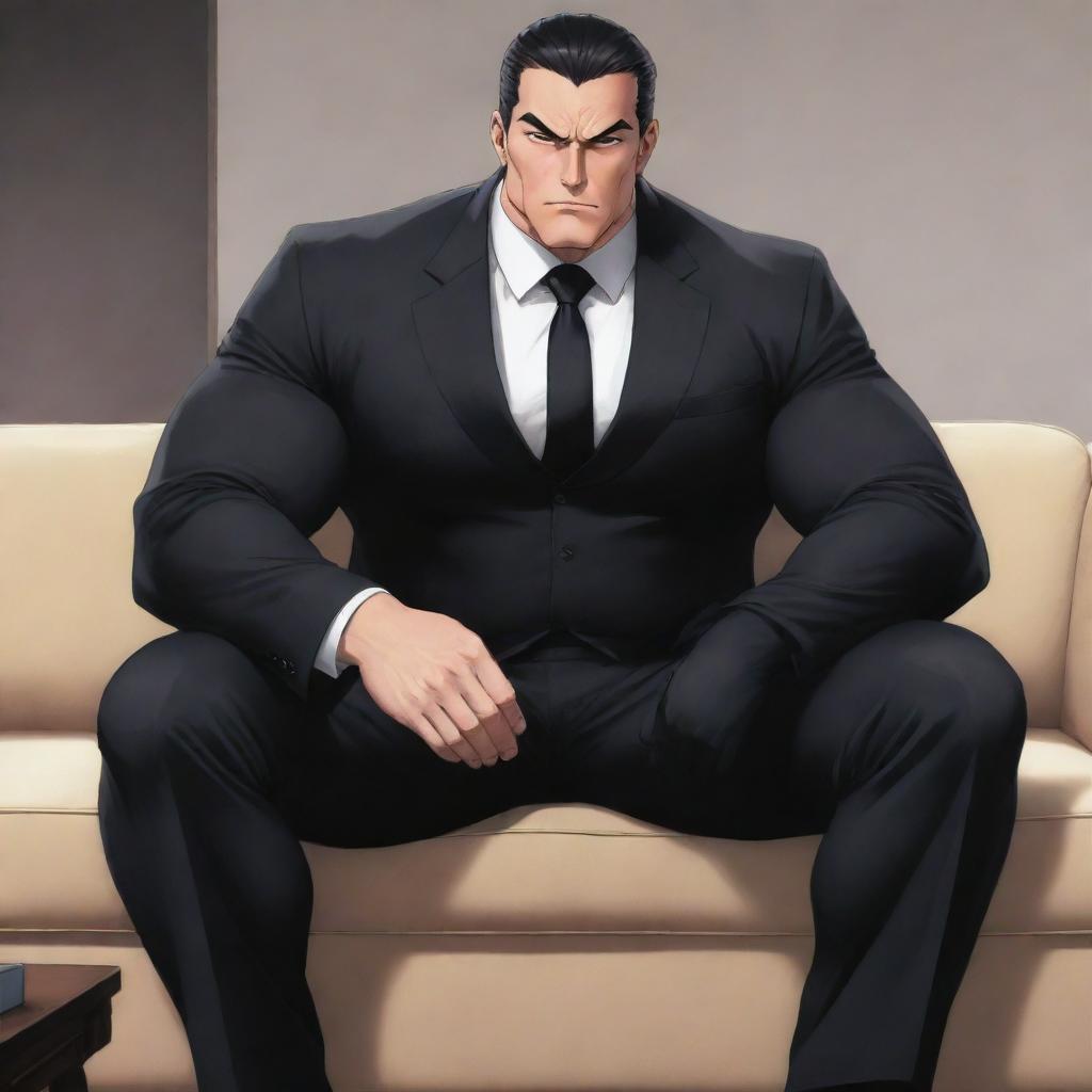 Anime style illustration of a large, masculine character with an imposing physique, wearing a black suit, casually seated on a couch.