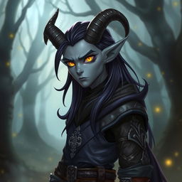 A tiefling character with gray skin, featuring sharp horns that curve back elegantly