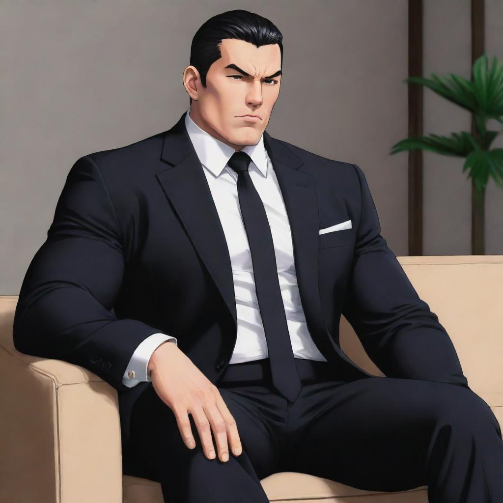 Anime style illustration of a large, masculine character with an imposing physique, wearing a black suit, casually seated on a couch.