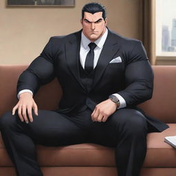 Anime style illustration of a large, masculine character with an imposing physique, wearing a black suit, casually seated on a couch.