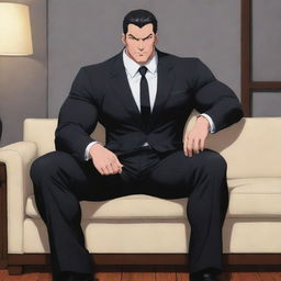 Anime style illustration of a large, masculine character with an imposing physique, wearing a black suit, casually seated on a couch.