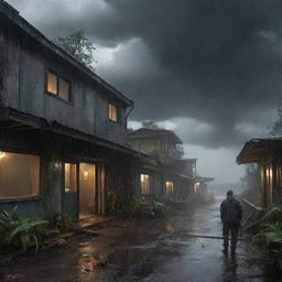 Introduce a seismic change to Isla Sorna's atmosphere, painting a massive storm layering the island under a tempest of rain. Inside the forsaken lab, Dr. Alan Grant hopefully watches the torrential downpour, his situation more precarious than ever.