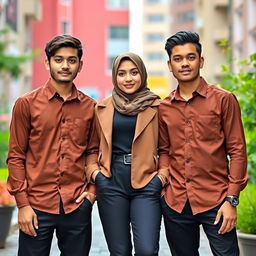 Two young men wearing brown shirts and black pants, standing confidently side by side