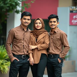 Two young men wearing brown shirts and black pants, standing confidently side by side