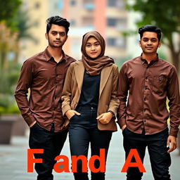 Two young men wearing brown shirts and black pants, standing confidently side by side