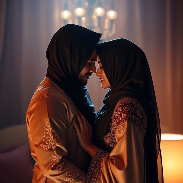 A provocative and artistic portrayal of a couple engaging in intimate moments, both wearing beautifully designed hejab garments that express a blend of traditional and contemporary fashion