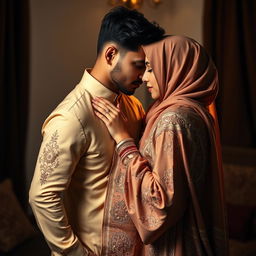 A provocative and artistic portrayal of a couple engaging in intimate moments, both wearing beautifully designed hejab garments that express a blend of traditional and contemporary fashion