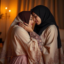 A provocative and artistic portrayal of a couple engaging in intimate moments, both wearing beautifully designed hejab garments that express a blend of traditional and contemporary fashion