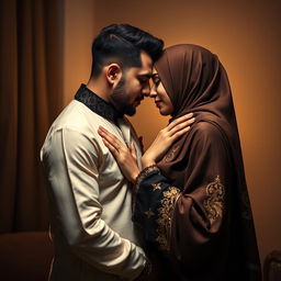 A provocative and artistic portrayal of a couple engaging in intimate moments, both wearing beautifully designed hejab garments that express a blend of traditional and contemporary fashion