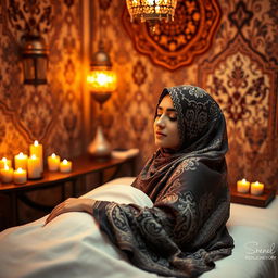 A warm and inviting room designed for relaxation and massage, featuring traditional Middle Eastern decor such as ornate lamps and intricate patterns