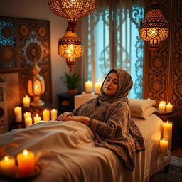 A warm and inviting room designed for relaxation and massage, featuring traditional Middle Eastern decor such as ornate lamps and intricate patterns