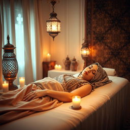 A warm and inviting room designed for relaxation and massage, featuring traditional Middle Eastern decor such as ornate lamps and intricate patterns