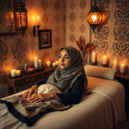 A warm and inviting room designed for relaxation and massage, featuring traditional Middle Eastern decor such as ornate lamps and intricate patterns