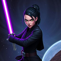 A zeltron female Jedi Knight in a tough stance, wielding a purple lightsaber