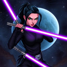 A zeltron female Jedi Knight in a tough stance, wielding a purple lightsaber