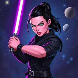 A zeltron female Jedi Knight in a tough stance, wielding a purple lightsaber