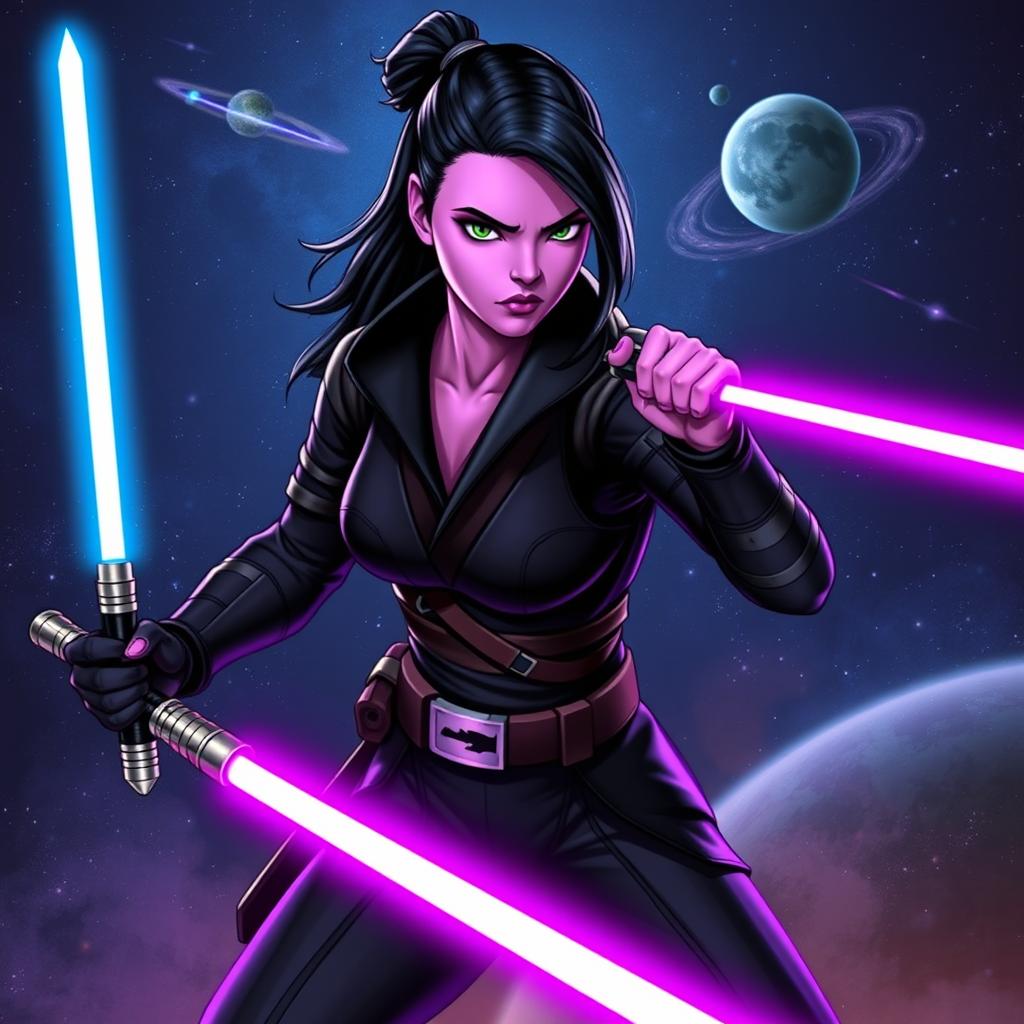 A zeltron female Jedi Knight in a tough stance, wielding a purple lightsaber