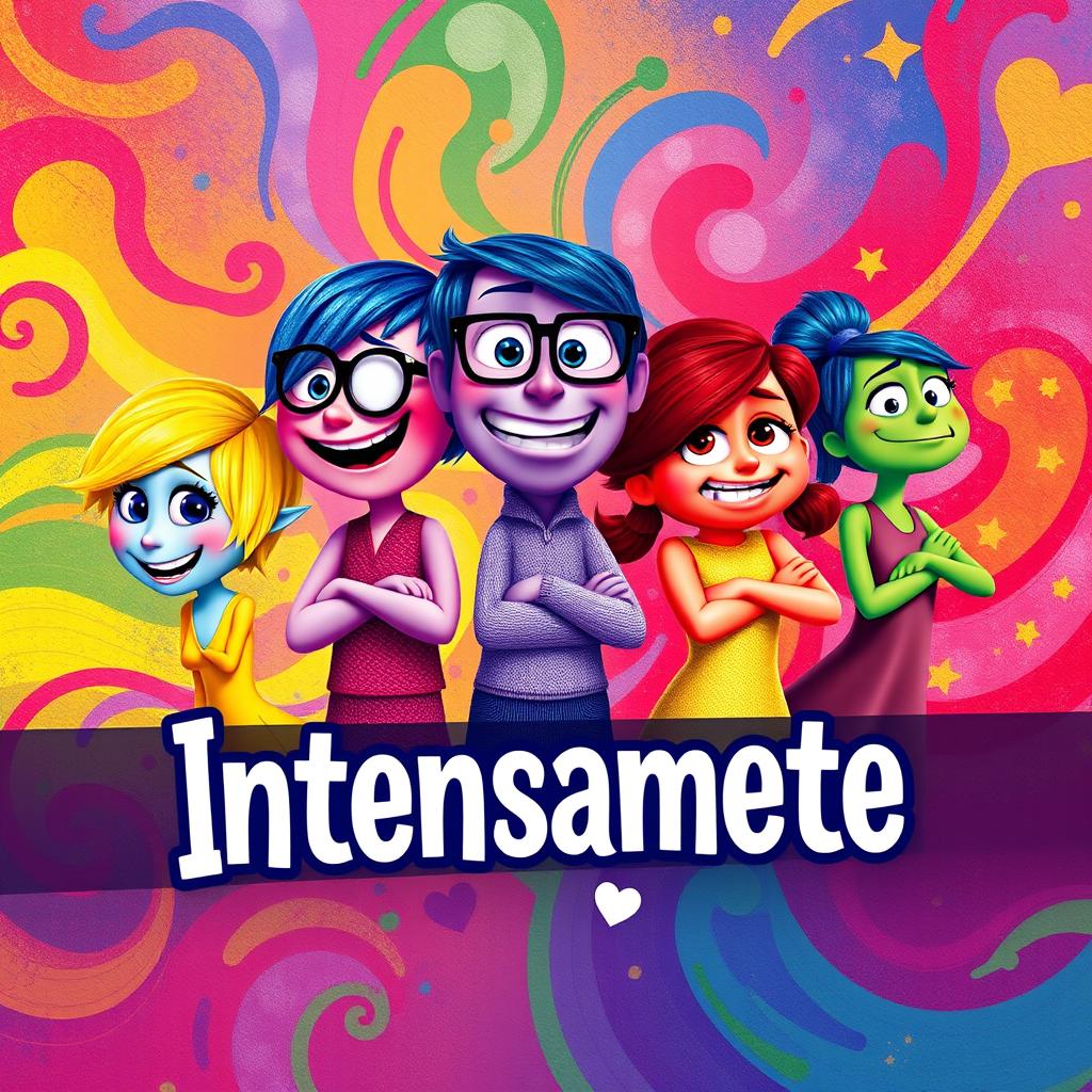 A vibrant and colorful poster inspired by the movie 'Inside Out', featuring anthropomorphic representations of emotions: Joy with bright yellow hair and a radiant smile, Sadness with blue skin and glasses, Anger with fiery red features and crossed arms, Fear with purple hues and a cautious expression, and Disgust with green tones and a sassy posture