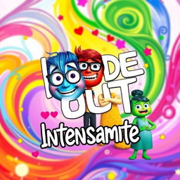 A vibrant and colorful poster inspired by the movie 'Inside Out', featuring anthropomorphic representations of emotions: Joy with bright yellow hair and a radiant smile, Sadness with blue skin and glasses, Anger with fiery red features and crossed arms, Fear with purple hues and a cautious expression, and Disgust with green tones and a sassy posture