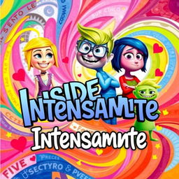 A vibrant and colorful poster inspired by the movie 'Inside Out', featuring anthropomorphic representations of emotions: Joy with bright yellow hair and a radiant smile, Sadness with blue skin and glasses, Anger with fiery red features and crossed arms, Fear with purple hues and a cautious expression, and Disgust with green tones and a sassy posture