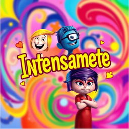 A vibrant and colorful poster inspired by the movie 'Inside Out', featuring anthropomorphic representations of emotions: Joy with bright yellow hair and a radiant smile, Sadness with blue skin and glasses, Anger with fiery red features and crossed arms, and Fear with purple hues and a cautious expression