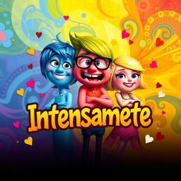 A vibrant and colorful poster inspired by the movie 'Inside Out', featuring anthropomorphic representations of emotions: Joy with bright yellow hair and a radiant smile, Sadness with blue skin and glasses, Anger with fiery red features and crossed arms, and Fear with purple hues and a cautious expression