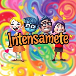 A vibrant and colorful poster inspired by the movie 'Inside Out', featuring anthropomorphic representations of emotions: Joy with bright yellow hair and a radiant smile, Sadness with blue skin and glasses, Anger with fiery red features and crossed arms, and Fear with purple hues and a cautious expression