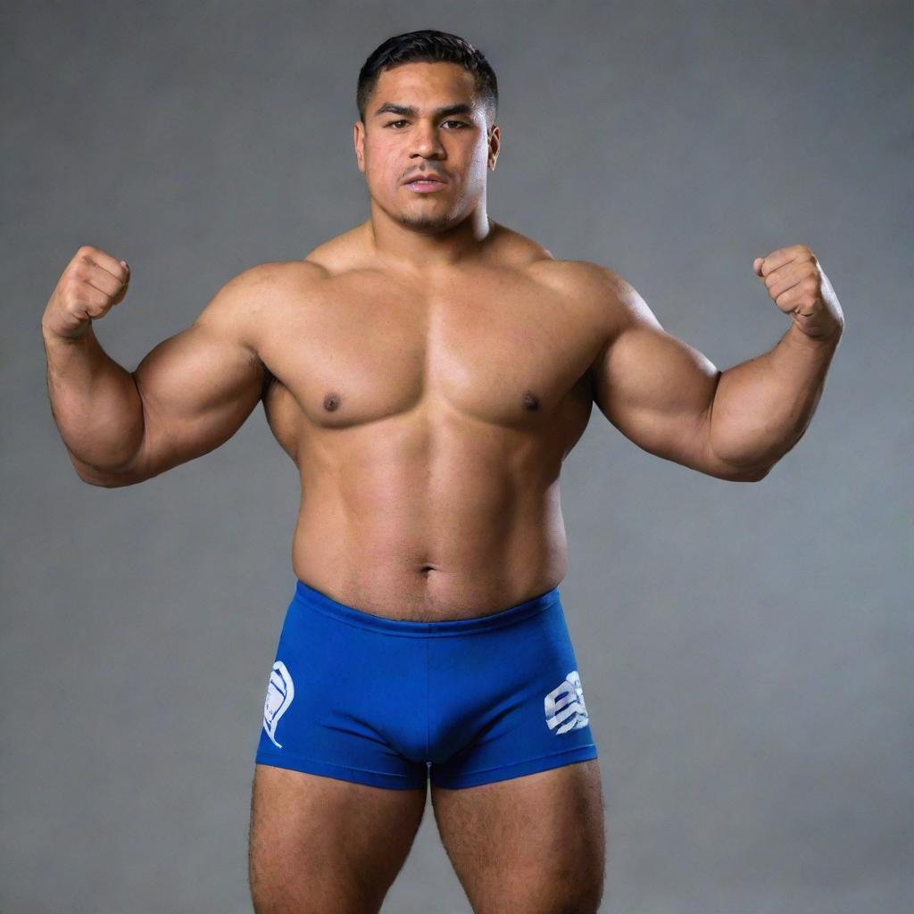 A Samoan wrestler of average build not overly muscular, in a dynamic pose, wearing the team uniform displaying the Geneseo name and colors